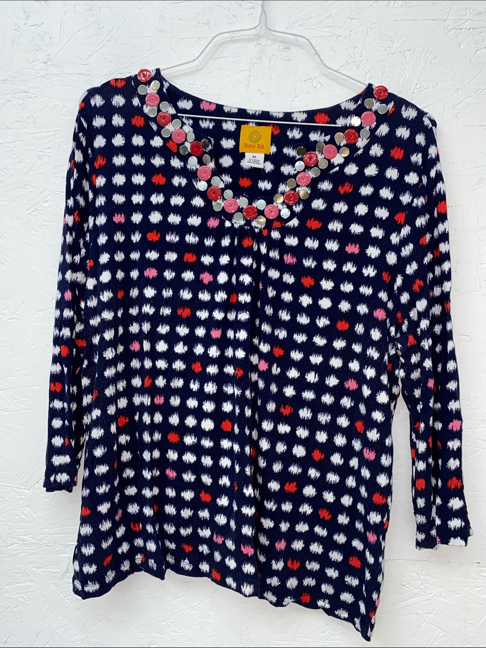 Ruby Rd. Navy Dot Embellished Scoop Neck Long Sleeve Top